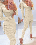 Women's Ribbed Knit Two-Piece Set Heart Chain OverlapV-Neck Side Slit Long Sleeve Top and Fitted Pants