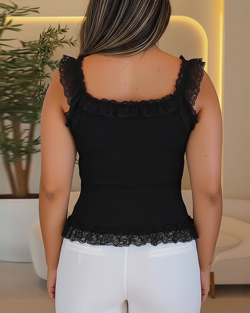 Contrast Lace Sleeveless Square Neck Crop Tank Casual Frill Hem Metal Button Decor Ribbed Knit Top