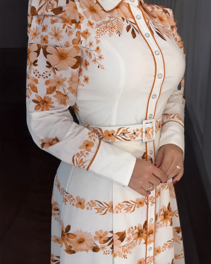 Blumenkleid mit Umlegekragen, Puffärmeln, Gürtel und Innenfutter, lässiges Hemdblusenkleid für den Urlaub