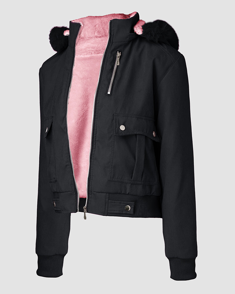 Flauschige Jacke mit Kapuze, Reißverschluss, Fleecefutter und Taschen