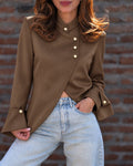 Women's Mandarin Collar Asymmetrical Pearl Button Split Hem Long Sleeve Coat