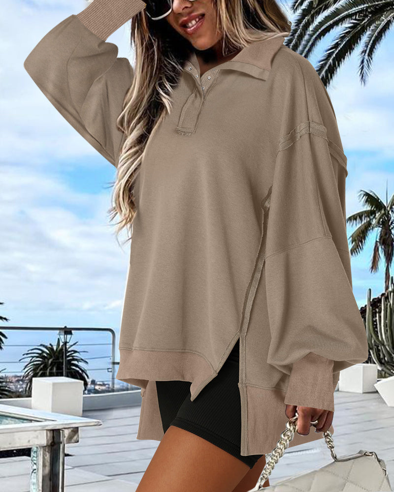 Half Snap Button Front Drop Shoulder Batwing Sleeve Sweatshirt Loose Fit Side Slit High-Low Hem Casual Top