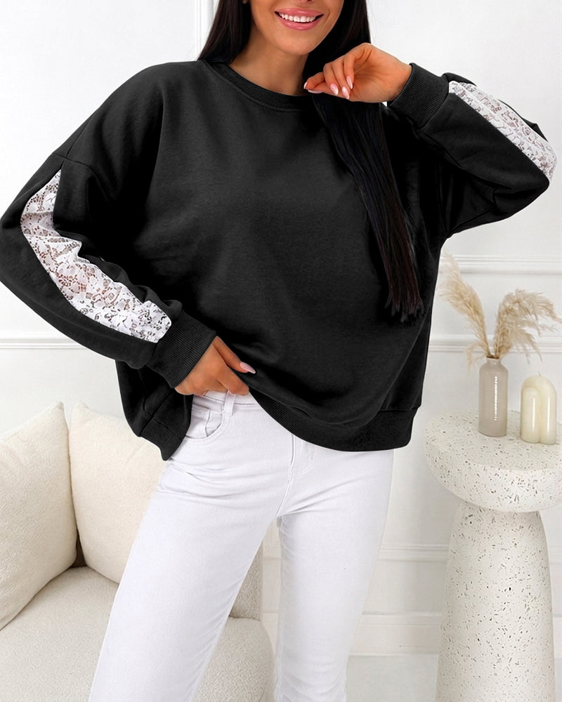 Women's Lace Patchwork Sweatshirt Crewneck Long Sleeve Pullover Slit Sleeve Casual Loose Fit Top