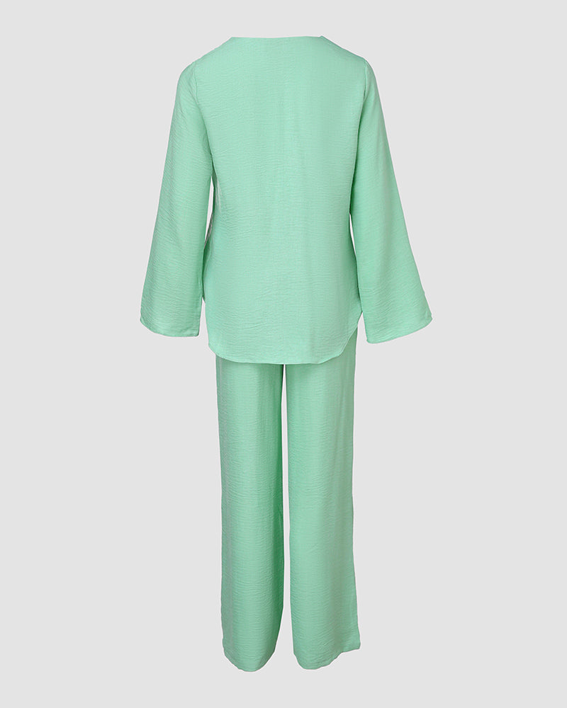 2 Piece Notch Neck Long Sleeve Asymmetrical Hem Tops Stretchy Waist Straight Leg Pants Lounge Sets Tracksuit