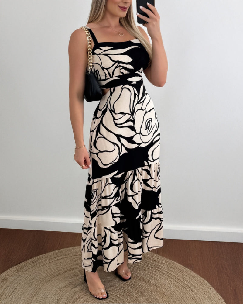 Maxikleid mit Blumenmuster, verstellbaren Trägern, Cut-out an der Taille, gesmoktem, rückenfreiem Design, elastischer Taille im Rücken und Rüschensaum, Freizeitkleid für den Urlaub