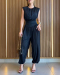 Padded Shoulders Sleeveless Cinched Waist Side High Slit Overalls Casual Hollow-out Back Ruched Jumpsuit