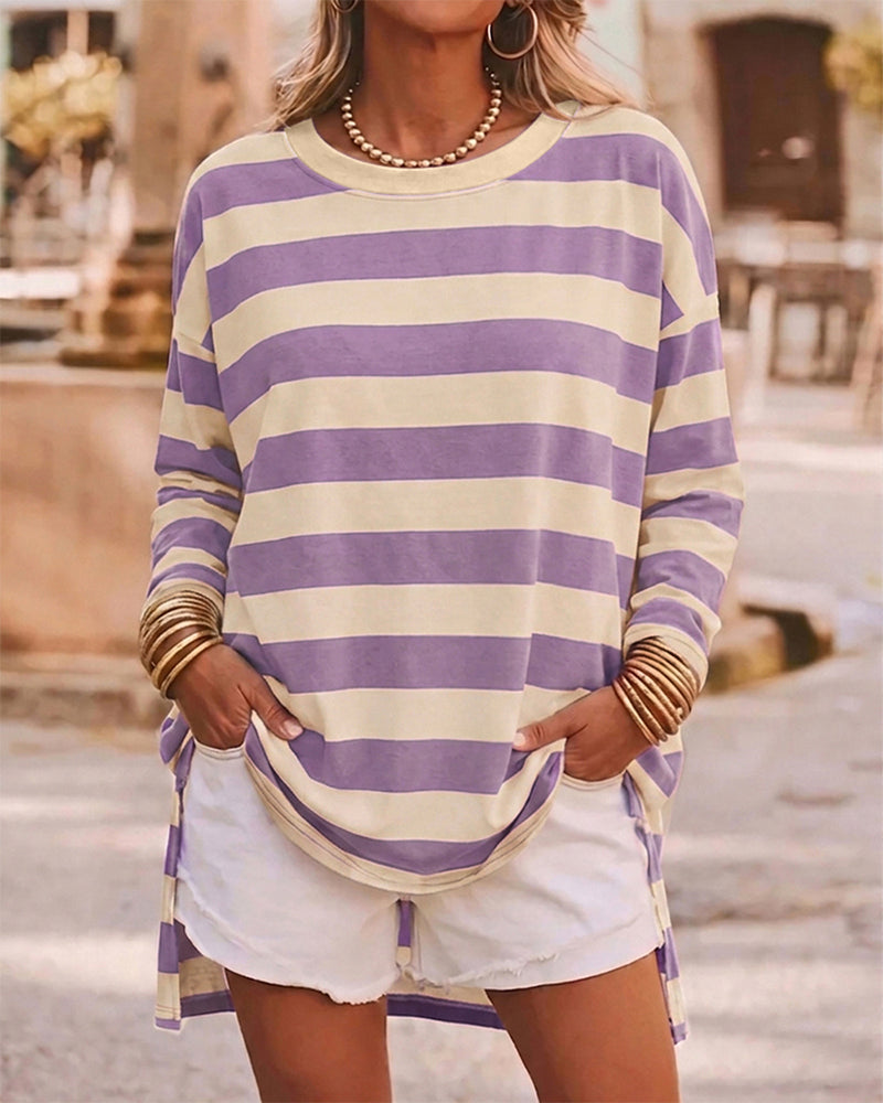 Women's Striped T Shirt Long Sleeve Drop Shoulder Crewneck Tee Side Slit Casual Loose Fit Top