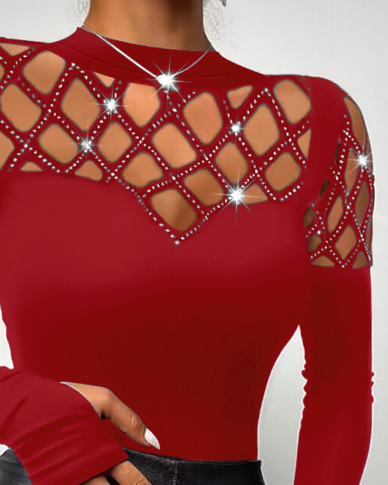 Rhinestone Hollow Out Cold Shoulder Long Sleeve Top Casual Tee