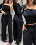 2 Pieces Outfit One Shoulder Metal Buckle Decor Long Sleeve Ruched Crop Top and Drawstring Elastic Waist Wide Leg Pants Set Casual Ribbed Set