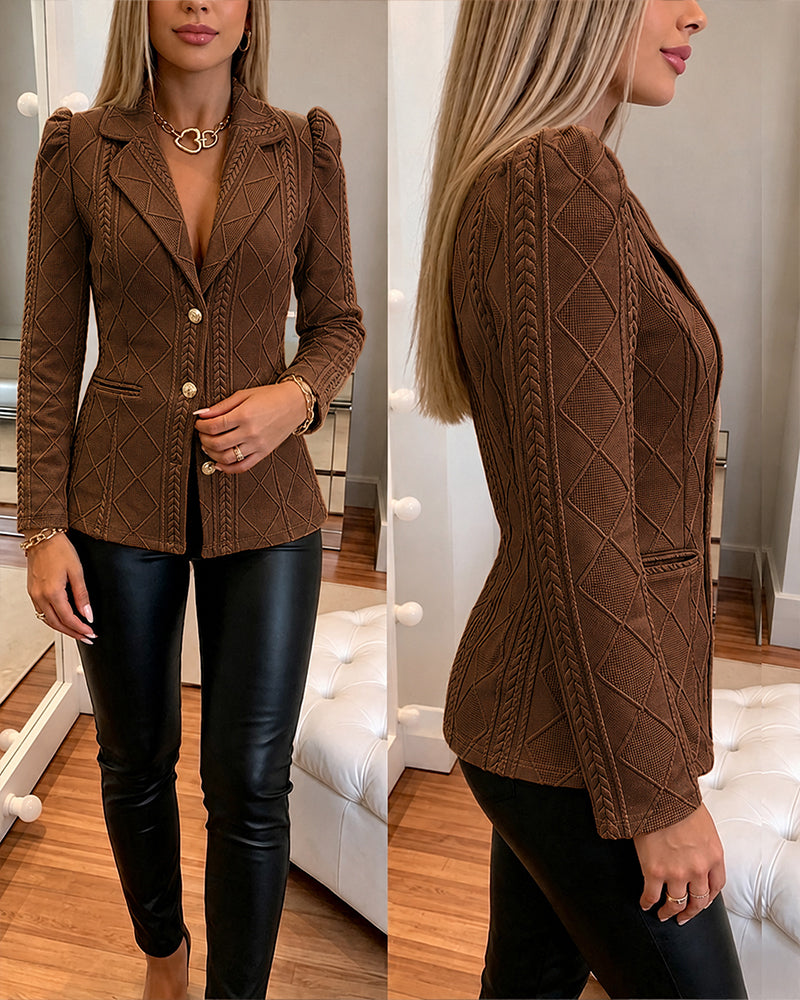 Women's Elegant Argyle Textured Blazer Slim Fit Puff Sleeve Suit Jacket Gold Button Work Office Commuter Blazer with Pockets