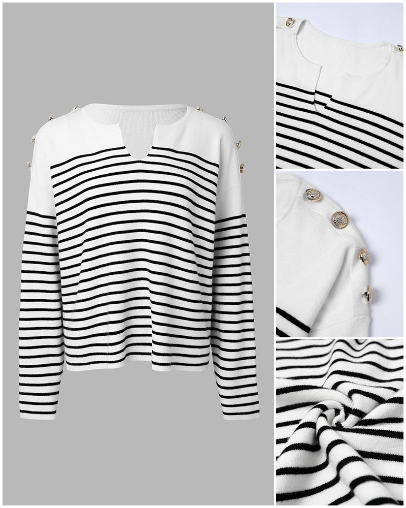 Women's Striped Knit Top Notch Neck Gold Button Drop Shoulder Long Sleeve Sweater