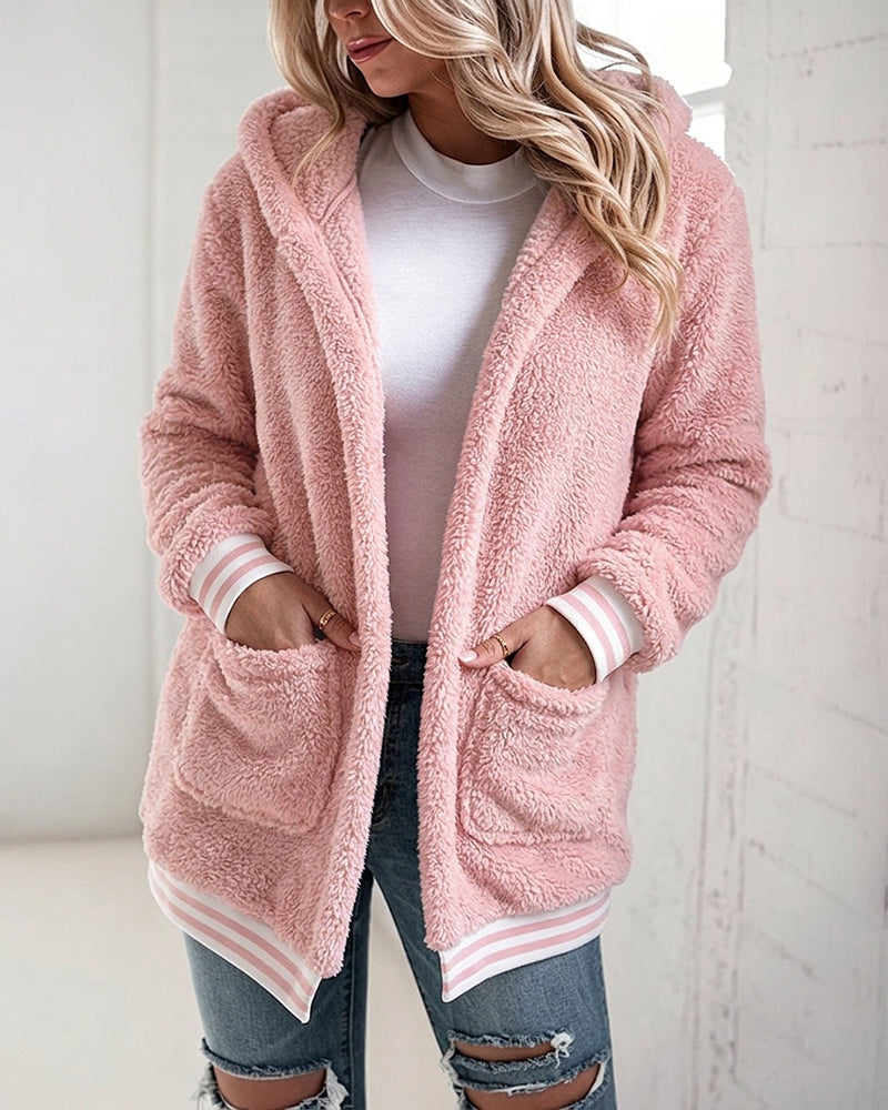 Damen-Sherpa-Fleece-Kapuzenjacke mit offener Front, gestreiftem Besatz und flauschigem Obermaterial