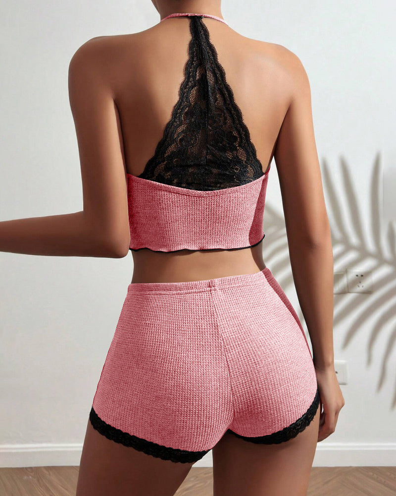 2 Pieces Colorblock Halter Contrast Lace Backless Tank Top & Waffle Knit Casual Shorts Sets