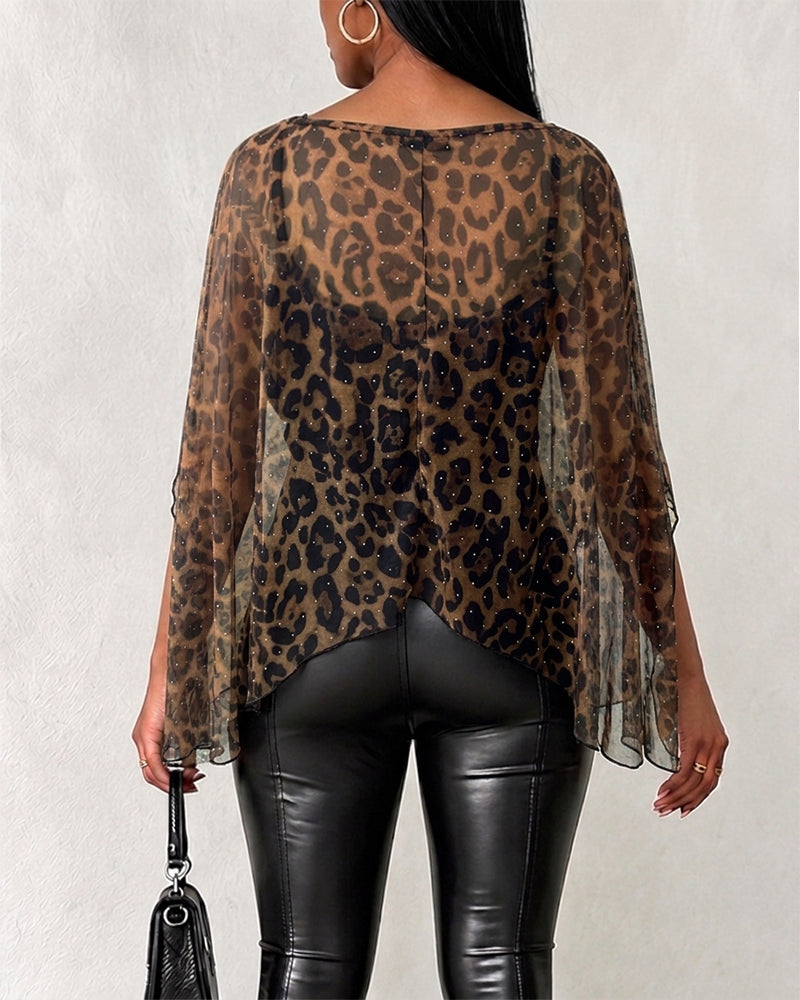 Women's 2 Piece Set Leopard Print Rhinestone Sheer Mesh Loose Cape with Cami Top