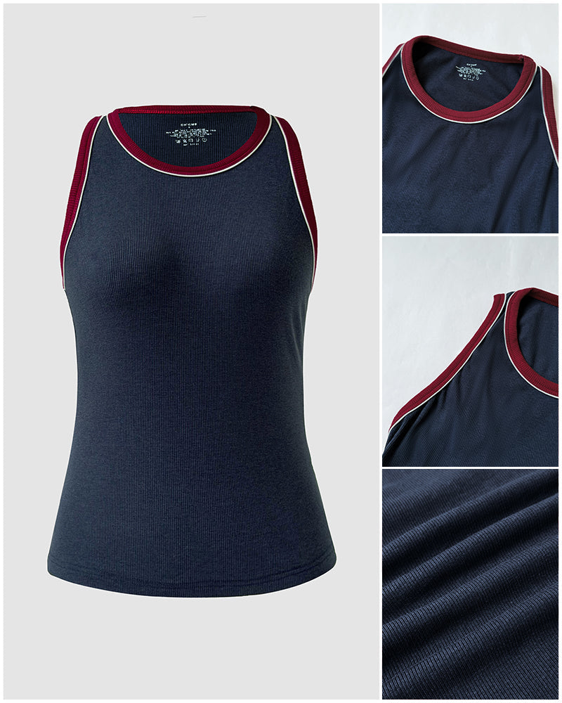 Women's Stretch Ribbed Vintage Contrast Trim Racerback Tank Top