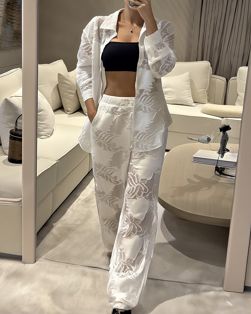 2 Pieces Outfit Jacquard Floral Turn-down Collar Button Front Pockets Design Top and Casual Elastic Back Waist Pants Set With Lining