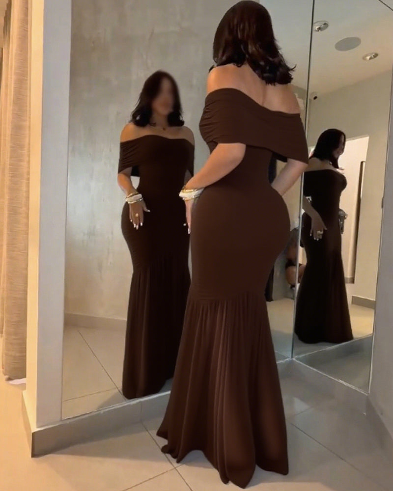 Foldover Off Shoulder Ruched Cinched Waist Minimalist Evening Dress Slim Fit Mermaid Hem Party Dress