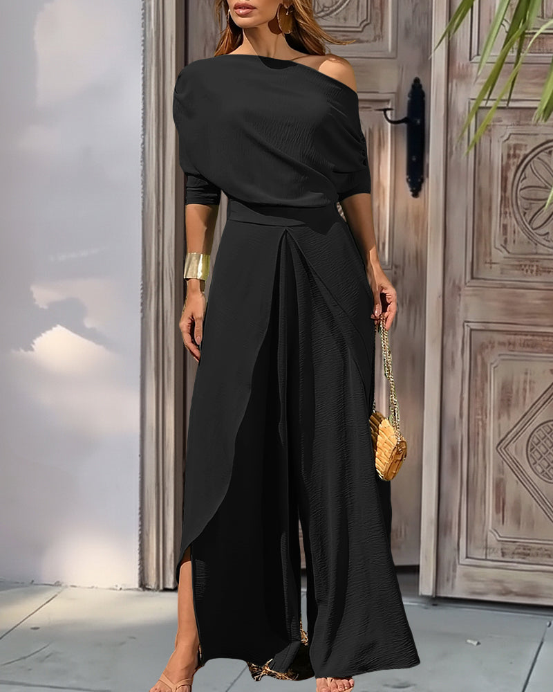 2 Pieces Outfit Cold Shoulder Ruched Batwing Sleeve Top and Casual Elastic Back Wrapped Slit Wide Leg Pants Set