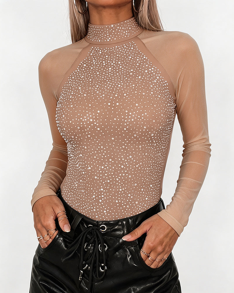 Women's Rhinestone Mesh Long Sleeve Top Mock Neck Sparkle Slim Fit Tee