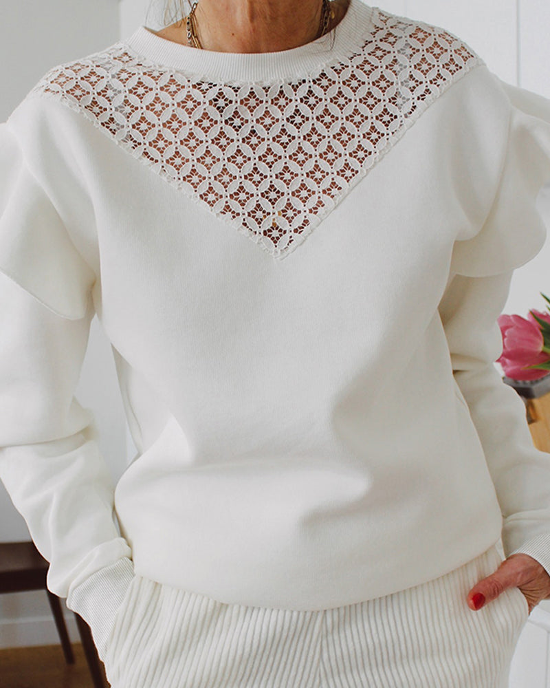 Contrast Lace Hollow-out Ruffles Long Sleeve Sweatshirt Casual Loose Fit Top