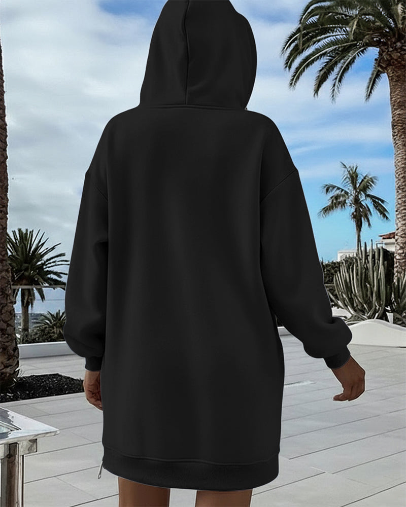 Long Sleeve Kangaroo Pocket Design Zipper Side Pullover Sweatshirt Casual Faux Two Piece Side Slit Longline Drawstring Hoodie Top