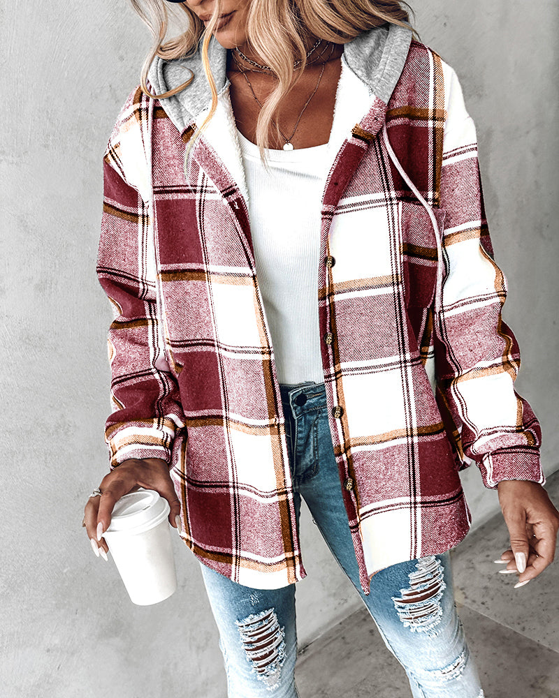 Karierte Langarm-Hemdjacke mit Knopfleiste, fleecegefütterte Kapuzenjacke, warmer Mantel