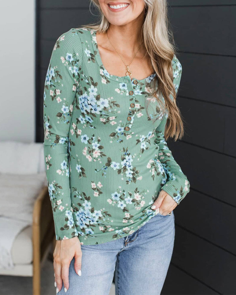 Women's Ditsy Floral Print Henley Neck Long Sleeve Ribbed Top