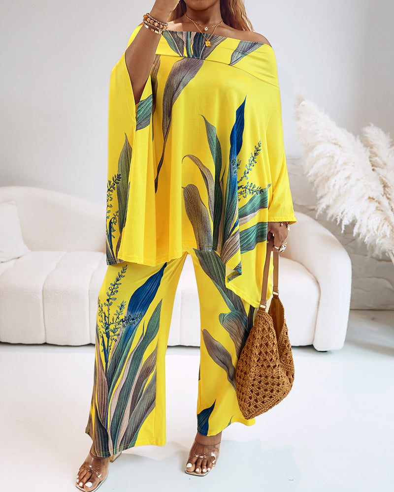 2 Pieces Outfit Plants Print Cold Shoulder Batwing Sleeve Top and Casual Wide Leg Pants Set