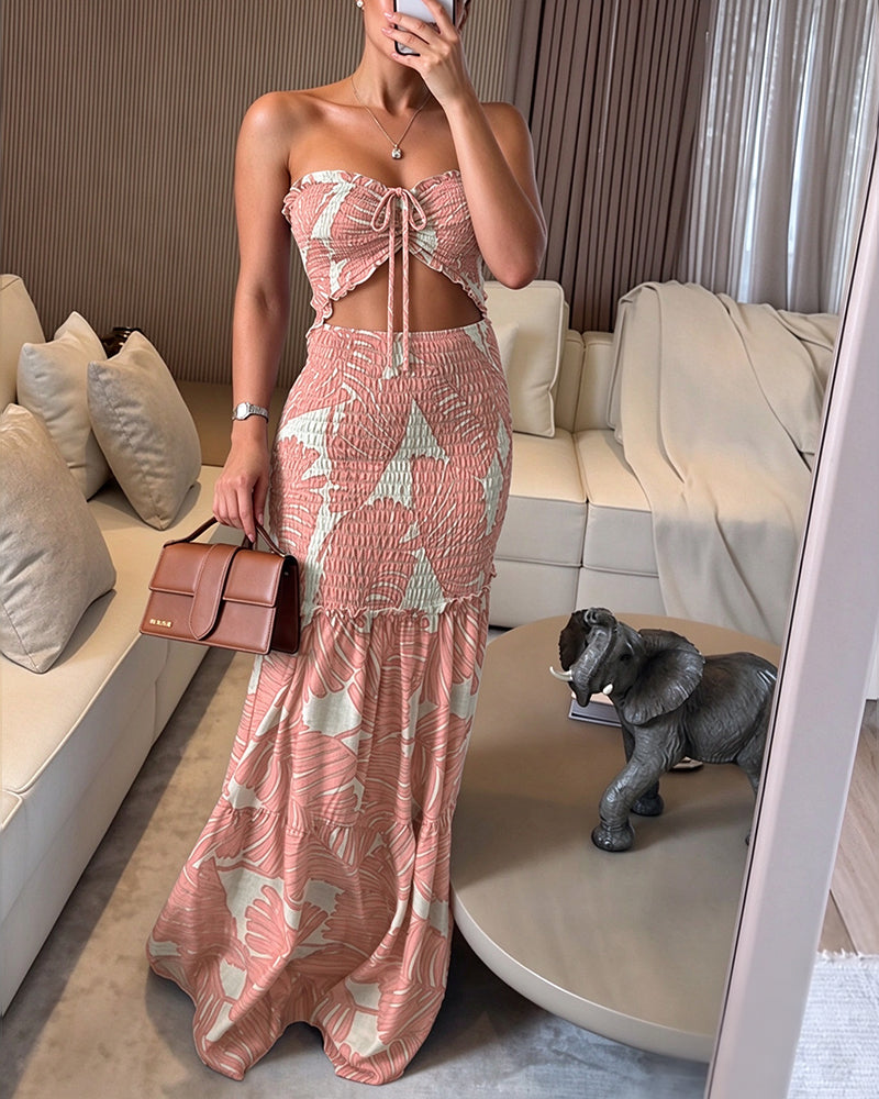 Tropical Print Halter Tie Shirred Frill Trim Cinched Waist Vacation Dress Ruched Cutout Front Slim Fit Ruffle Hem Mermaid Dress