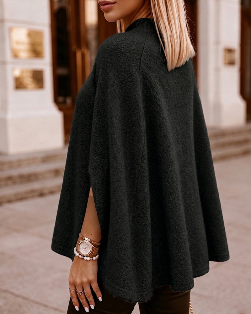 Women's Mock Neck Cape Knit Sweater Loose Old Money Style Pullover Side Slit Batwing Sleeve Winter Warm Cozy Top