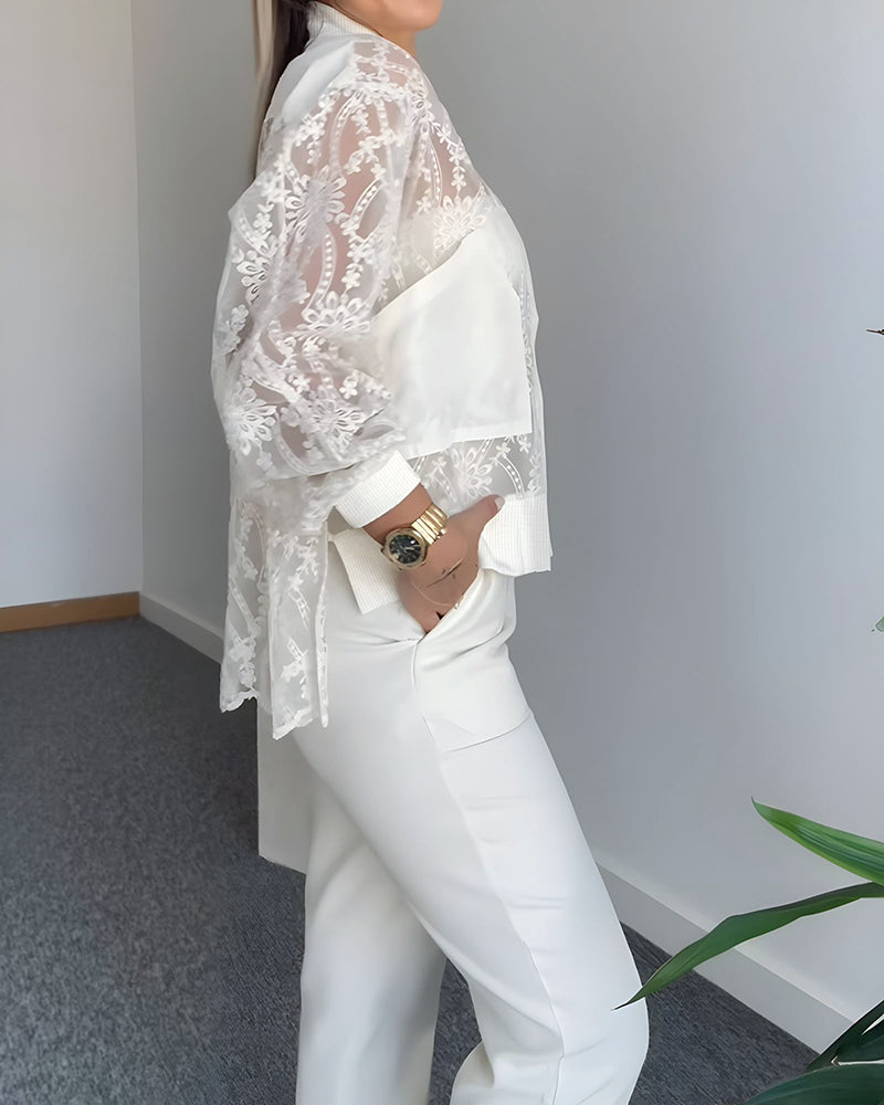 Floral Lace Embroidered Mesh Patchwork High-Low Hem Baseball Coat Casual Side Slit Zip Up Bomber Jacket