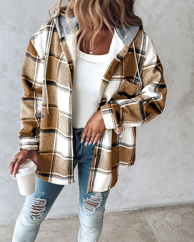Karierte Langarm-Hemdjacke mit Knopfleiste, fleecegefütterte Kapuzenjacke, warmer Mantel