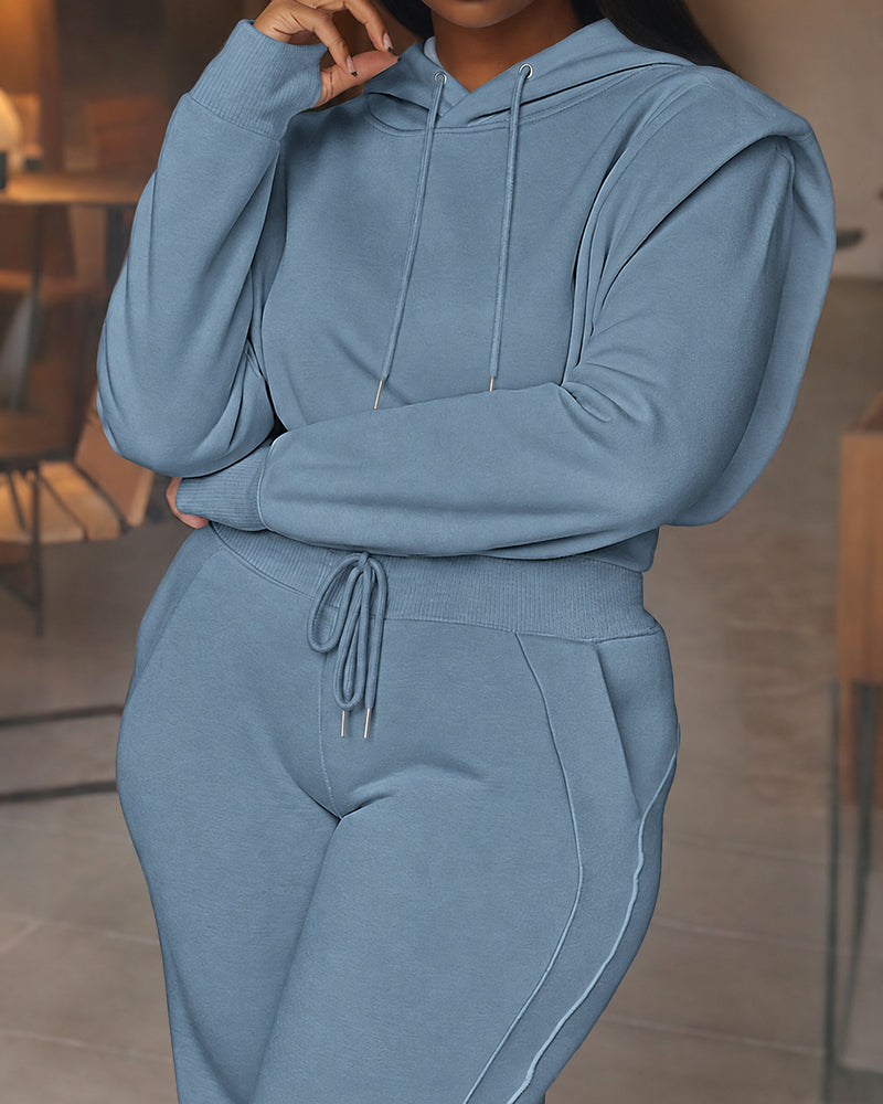 2 Pieces Outfit Long Sleeve Crop Drawstring Hoodie Sweatshirt with Thumb Hole Cuffs and Casual Drawstring Elastic Waist Wide Leg Sweatpants Set
