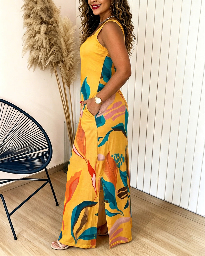 Maxikleid mit Pflanzenmuster, eckigem Ausschnitt, breiten Trägern, Seitenschlitz und Taschen, lässiges Urlaubskleid