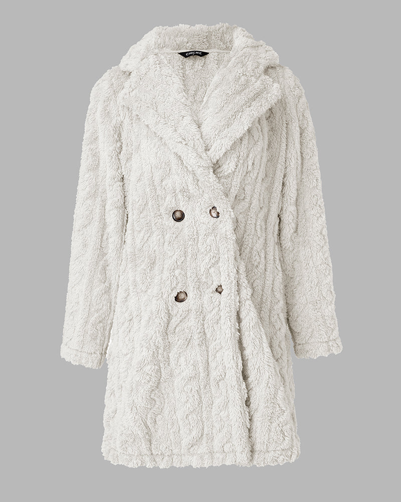 Cable Textured Lapel Neck Button Front Pocket Design Thermal Teddy Coat