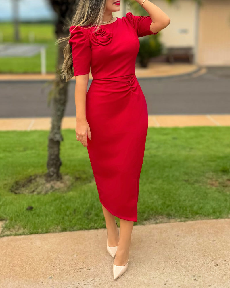 3D Flower Decor Round Neck Puff Sleeve Bodycon Dress Casual Ruched Slit Zipper Back Work Dress