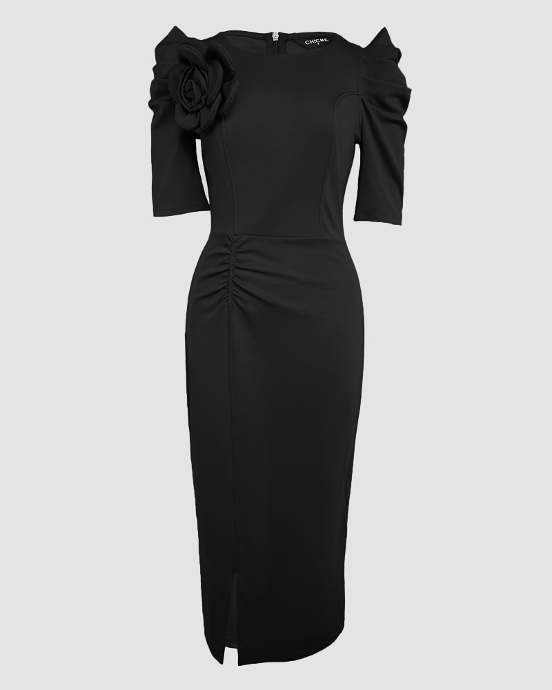 3D Flower Decor Round Neck Puff Sleeve Bodycon Dress Casual Ruched Slit Zipper Back Work Dress