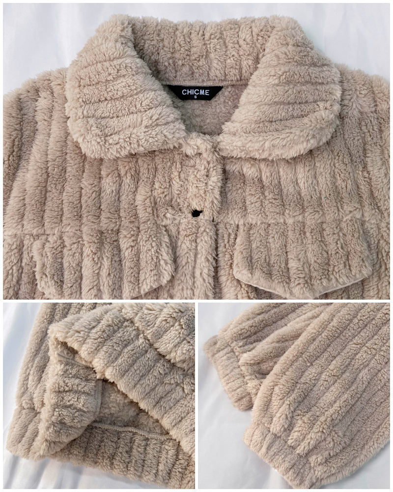 Textured Striped Turn-down Collar Button Front Elastic Cuff and Hem Teddy Fleece Jacket With Decorative Flap Pockets
