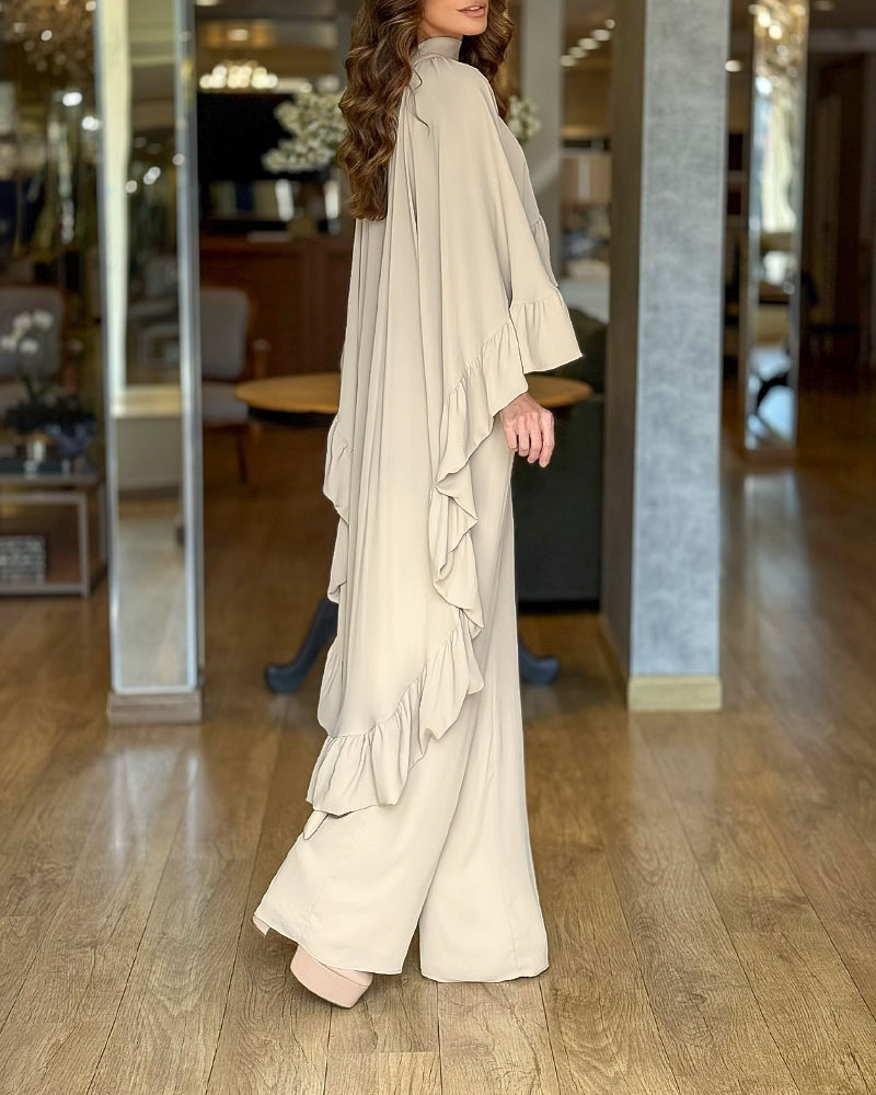 2 Pieces Outfit High Neck Hollow-out Back Ruffles High-Low Hem Cape and Casual Elastic Back Waist Wide Leg Pants Set