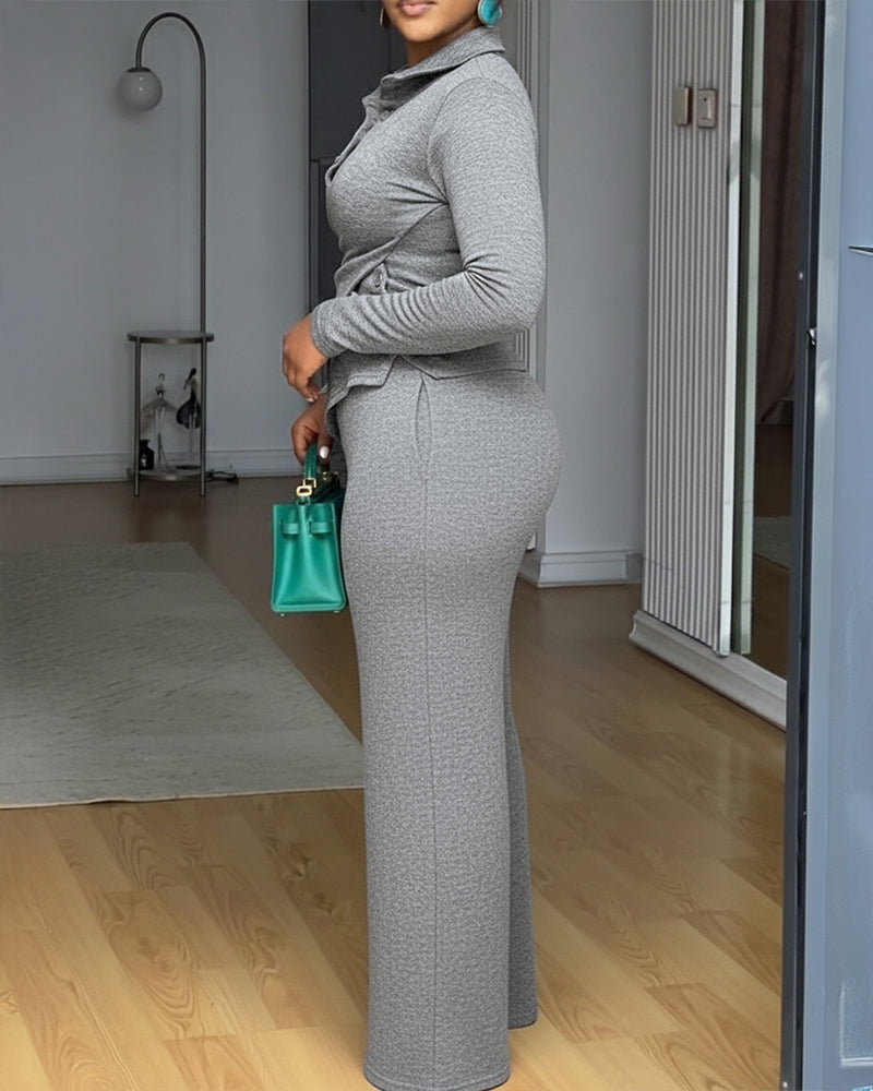 Women's Two Piece Outfit Turn-down Collar Criss Cross Asymmetric Top and Wide Leg Pant Set