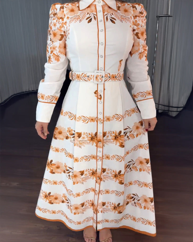 Blumenkleid mit Umlegekragen, Puffärmeln, Gürtel und Innenfutter, lässiges Hemdblusenkleid für den Urlaub