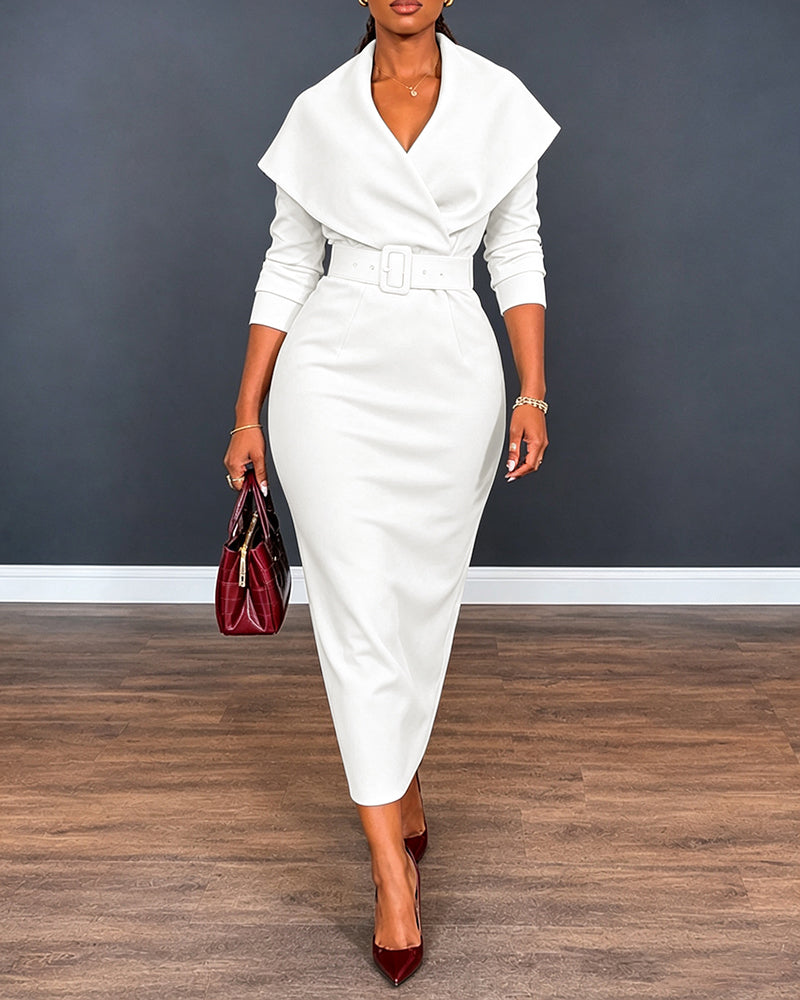 Women's Lapel Collar Wrap V-Neck Long Sleeve Slit Midi Dress with Belt