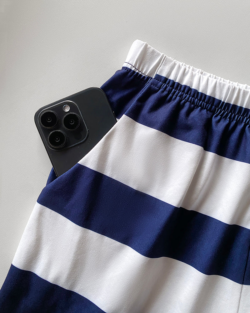 2 Pieces Outfit Anchor Pattern Short Sleeve Top and Striped Elastic Waist Pants Set Casual Pajamas Set
