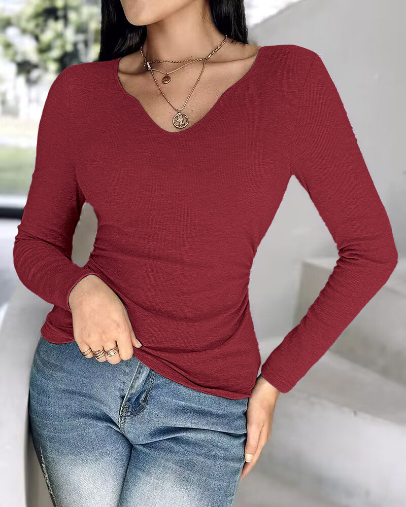 Chicme Built In Bra Notch Neck Long Sleeve Shirts Rib Knit Ruched Waist Top
