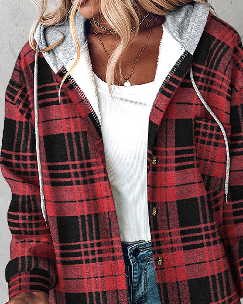 Plaid Print Button Front Pocket Design Drawstring Hoodie Jacket Casual Asymmetrical Hem Thermal Lined Warm Coat