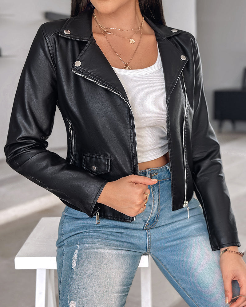 Bikerjacke aus PU-Leder mit Reverskragen und Reißverschluss-Design