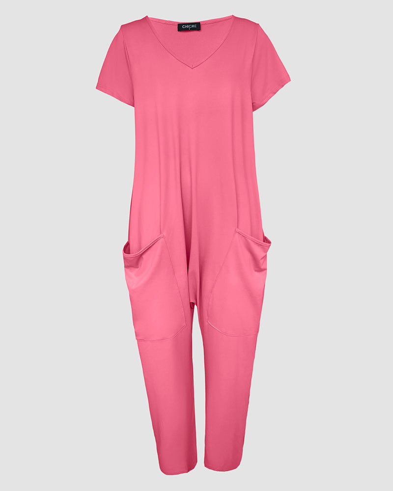 V-Neck High Stretch Tapered Drop-Crotch Casual Jumpsuit With Pockets
