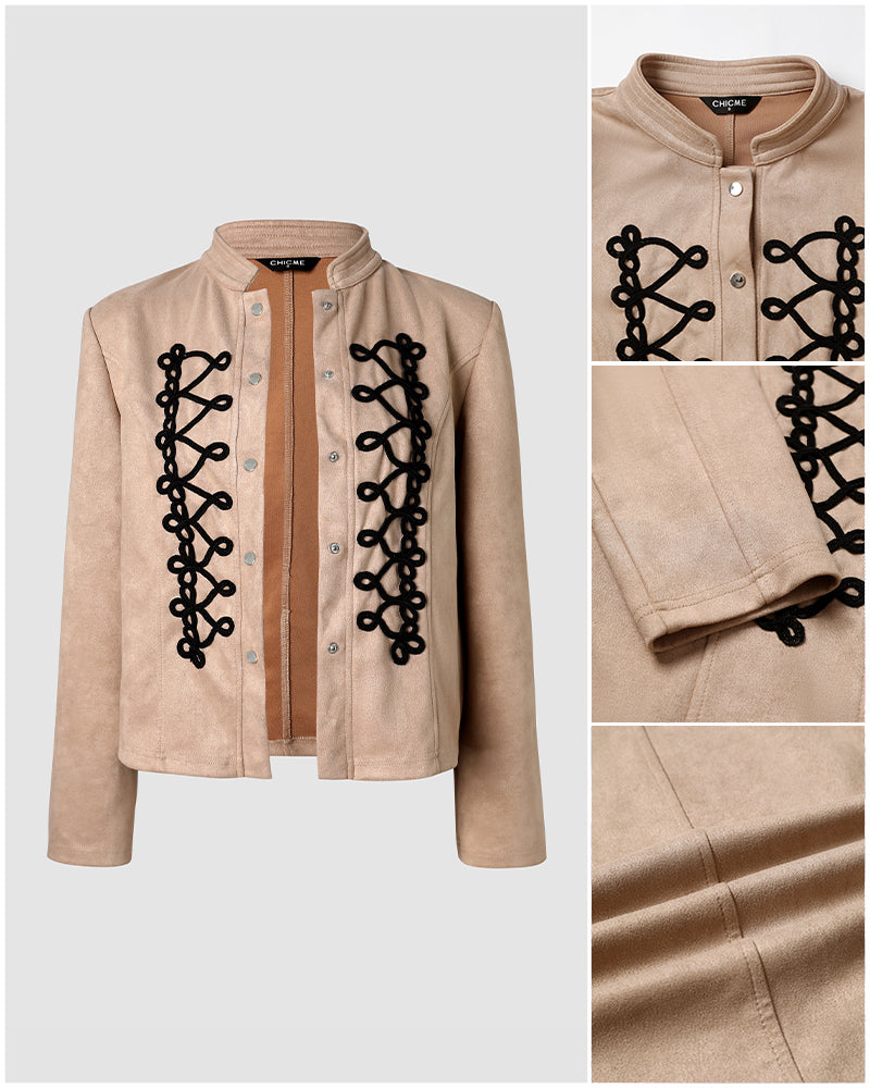 Women's Ethnic Braided Embroidered Faux Suede Stand Collar Snap Button Crop Jacket