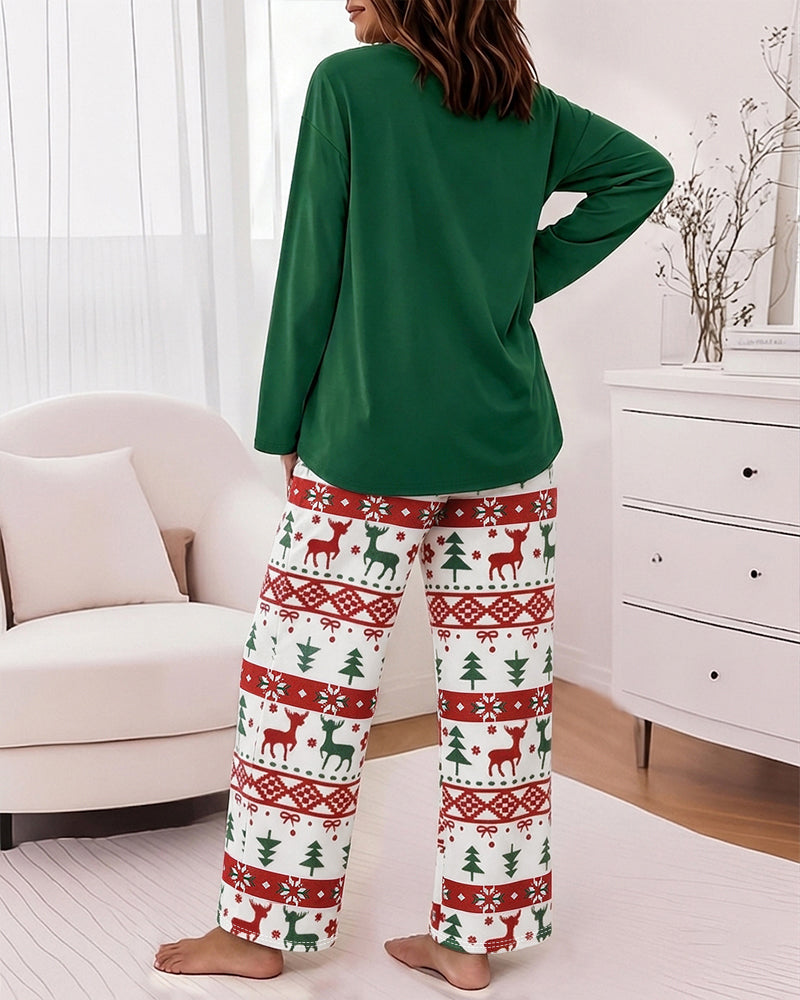 Women's Two Piece Pajamas Set Slogan Print Top and Christmas Print Pants Casual Lounge Set