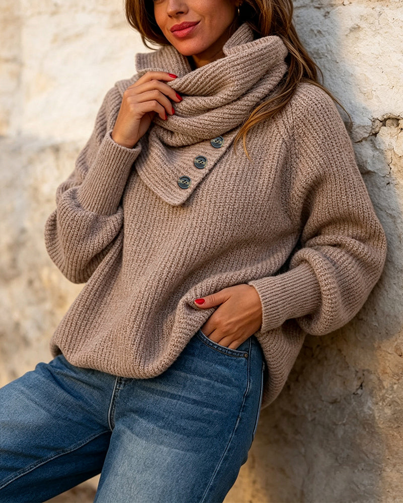 Women's Wrap-Style Cowl Collar Knit Sweater Casual Pullover